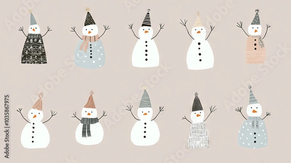 Fototapeta Christmas  collection of cute snowman illustrations, each dressed in different winter hats and scarves, showcasing playful and cozy winter attire on a neutral background.
