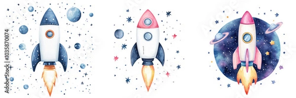 Fototapeta Colorful rockets blast off into space, surrounded by planets and stars, creating a whimsical scene of exploration and adventure. watercolor, clipart, isolated on transparent background.