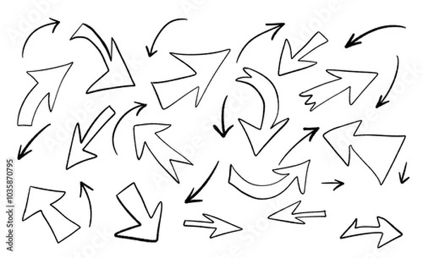 Fototapeta Hand drawn arrows in various sizes and styles, pointing in different directions. Ideal for creative and design projects.