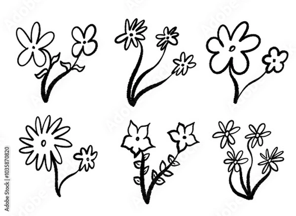 Fototapeta Various hand drawn flower illustrations in black and white, showcasing different petal and stem styles. Ideal for creative projects.