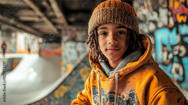 Obraz Black african american skateboarder freestyling. Generative AI