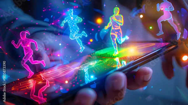 Fototapeta Virtual runners project onto smartphone screen during a night-time jog in a vibrant setting