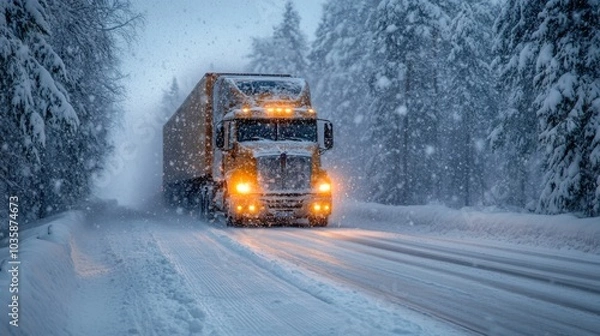 Fototapeta A large truck makes its way down a snow-covered road, battling heavy snowfall and reduced visibility in a wintry landscape surrounded by tall trees.