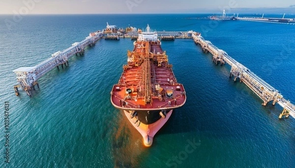 Fototapeta aerial perspective of a tanker vessel s open compartments highlighting the complex design and cargo handling activities