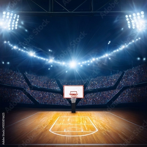 Fototapeta basketball court with intense lighting while hoop and scoreboard are ready for action on background with crowdy stages concept of sport games competition entertainment action and motion ai