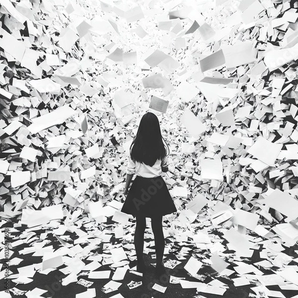 Fototapeta A person stands surrounded by floating white papers in a monochrome setting.