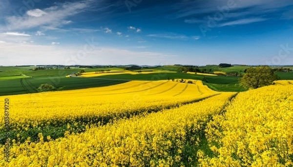 Fototapeta green and yellow farm fields with canola rapeseed in skane sweden during spring