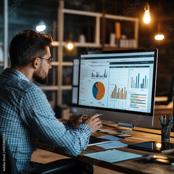Fototapeta man working on computer