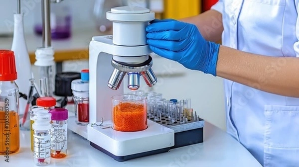 Fototapeta A scientist uses a microscope to analyze samples in a modern laboratory, demonstrating research and innovation in science.