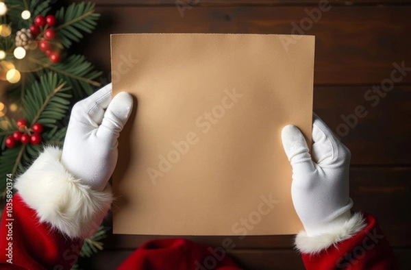 Obraz Top view, a piece of paper in the hands of Santa Claus. The hands are wearing white gloves. On a wooden background Christmas balls and fir branches festive bokeh in blur. Mock up
