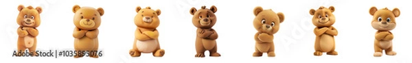 Fototapeta Cute little bear mascot posing, 3D cartoon illustration, isolated on white background, cute animated style, beautiful colors, generative ai