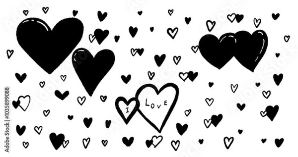 Fototapeta Hand drawn hearts of various sizes. These charming black outlined hearts are perfect for decorative and creative uses.