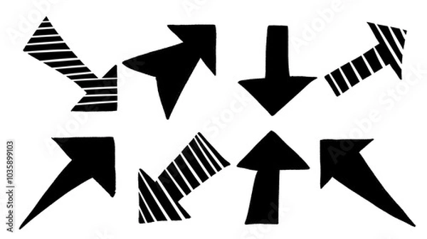 Fototapeta Hand drawn black arrows in various sizes and styles, pointing in different directions. Ideal for creative and design projects.