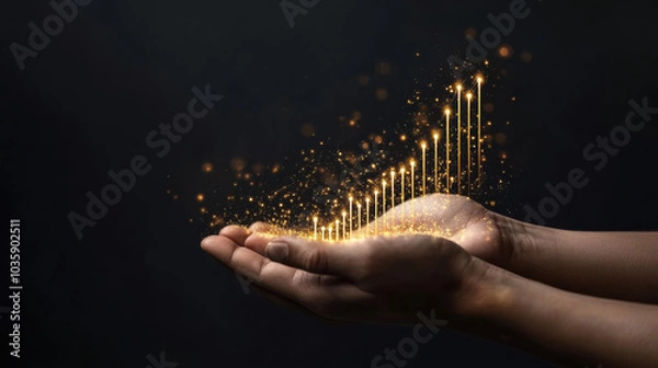 Fototapeta Hands holding golden growth graph with upward lines, symbolizing success and prosperity