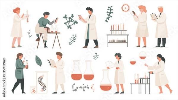 Obraz Scientists characters. Researchers people work in lab. Isolated doctors exploring virus and DNA. Chemists experimenting with test tubes in laboratory. Vector
