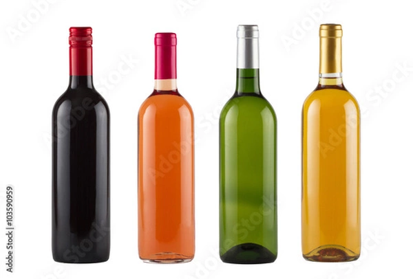 Fototapeta Set of red, rose and white wine bottles