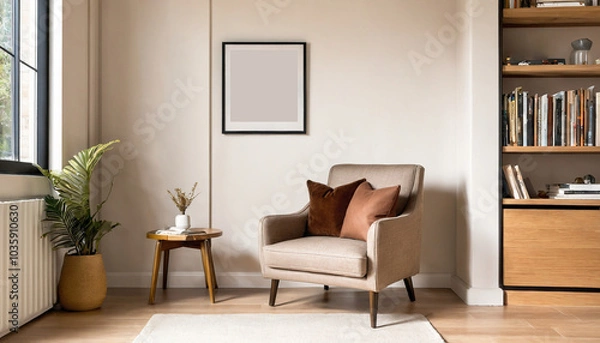 Fototapeta A stylish reading nook featuring a cozy armchair with a brown pillow, a framed mockup  for artwork on the wall. Modern design