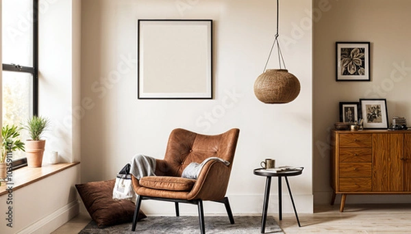 Fototapeta A stylish reading nook featuring a cozy armchair with a grey pillow, a framed mockup  for artwork on the wall. Modern design