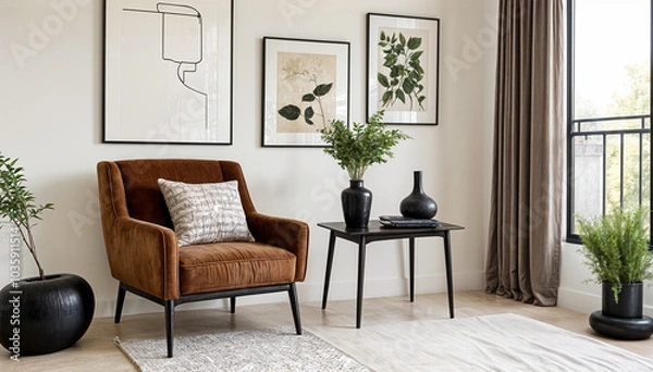 Fototapeta A stylish reading nook featuring a cozy armchair with a grey pillow, a framed artworks on the wall. Modern design