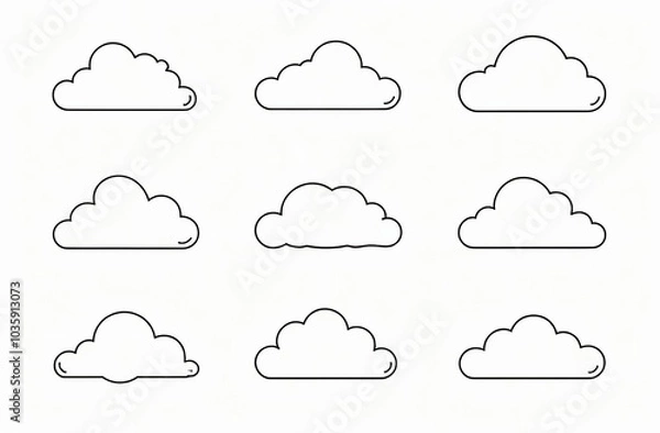 Obraz Set of clouds in a linear style. Cloud in line or outline collection. Vector illustration