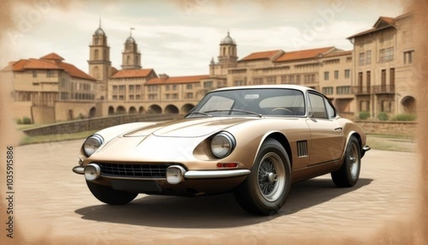 Obraz A golden vintage sports car is parked in front of an old building with towers and arches. The car features a sleek design with round headlights and wire-spoked wheels. Illustration by Generative AI.