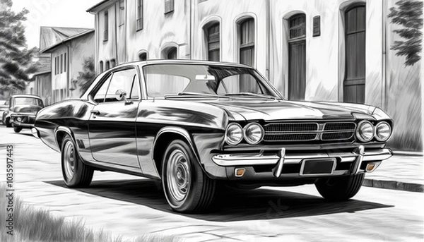 Fototapeta Black and white of a vintage car on the town street. Illustration by Generative AI.