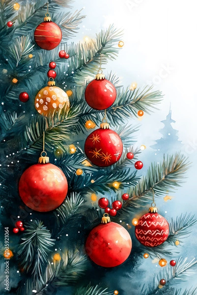 Fototapeta Christmas Tree with Red Ornaments and Pine Branches in Winter Wonderland. Vertical Illustration

