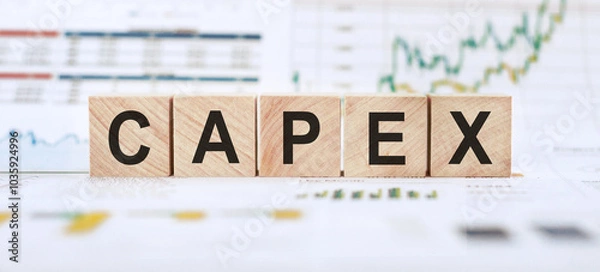 Fototapeta Wooden blocks spelling out CAPEX are arranged on a table with financial charts in the background.