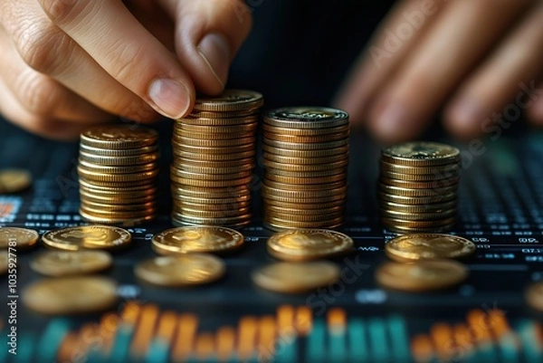 Fototapeta Businessman placing a stack of coins on a table with a graph, close-up view