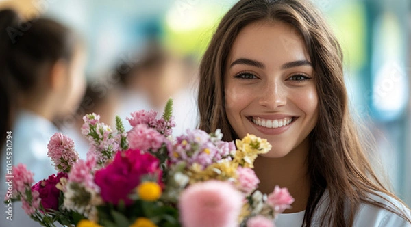 Obraz 
Portrait of a happy female teacher receiving flowers from students on Teacher's Day in a classroom at school, with copy space for text. 