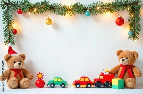 Fototapeta a text frame made of colorful children's toys, teddy bears, toy cars, balloons, cute, with golden garlands, on a white Christmas background, festive golden bokeh