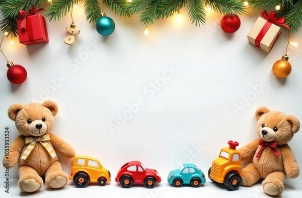 Fototapeta a text frame made of colorful children's toys, teddy bears, toy cars, balloons, cute, with golden garlands, on a white Christmas background, festive golden bokeh