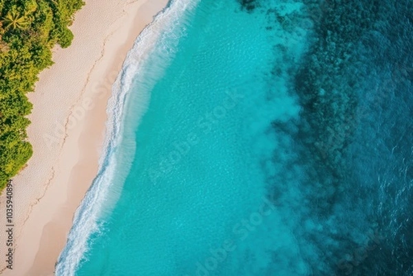 Fototapeta Stunning overhead scene of sandy coastline featuring pristine waters, perfect coastal destination for vacations, holidays, travel experiences, and tourism with generous area for text, detailed angle