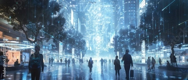 Obraz Silhouettes of people walking in a futuristic city with a glowing blue sky.