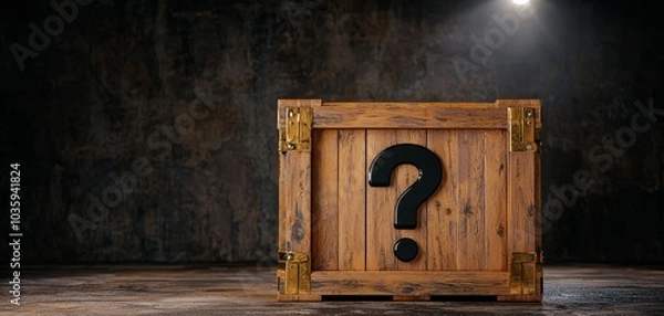 Fototapeta Enigmatic Mystery Closeup of Weathered Wooden Crate with Gold Hinges and Question Mark on Dark Textured Background, Concept of Curiosity and Discovery