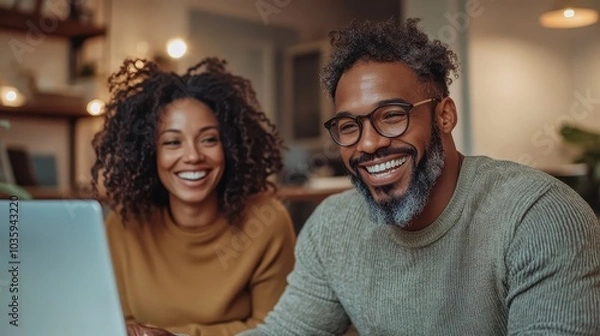Fototapeta A cheerful couple, one wearing glasses, is pictured using a laptop in a stylish home office, highlighting themes of collaboration, technology, and modern living.