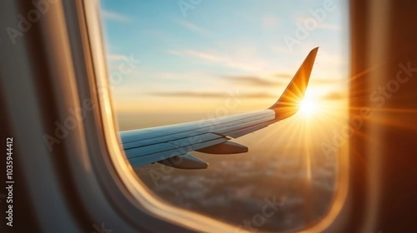 Obraz The wing of an airplane is captured during a radiant sunset flight, providing a spectacular view of the horizon painted with the breathtaking colors of dusk.