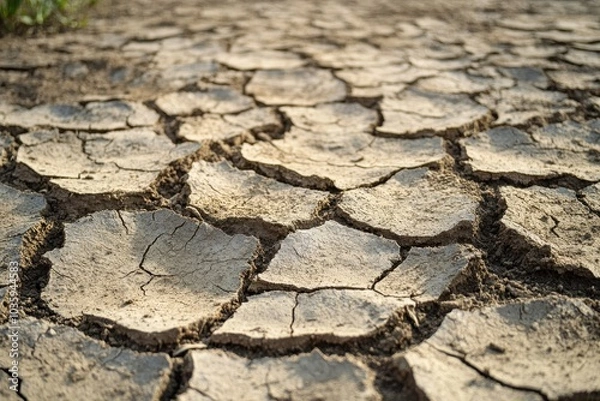 Fototapeta Parched earth reveals drought effects in a rural landscape throughout the hot summer months