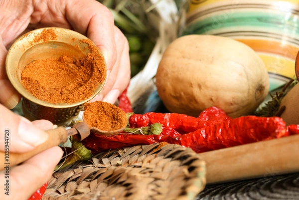 Obraz Pimentón, elaboración con pimiento seco de la vera, especie de España