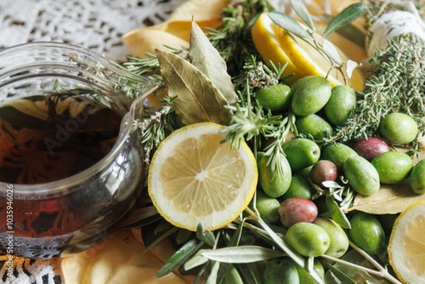 Obraz Aliño de hierbas para elaborar aceitunas en conserva