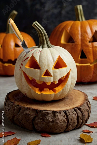 Obraz A carved white pumpkin with a knife stuck in it, displaying a wide grin and sharp teeth, lies on a stump. In the background, there are two orange pumpkins carved with classic jack-o'-lantern faces.