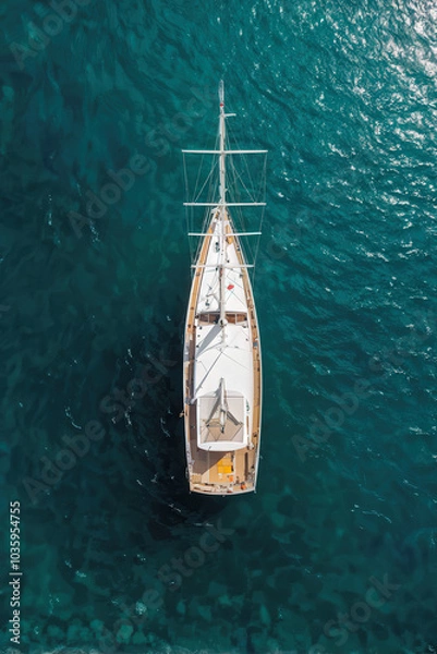 Fototapeta A stunning aerial view of a single sailboat floating on calm blue waters, highlighting the beauty of solitude and the vastness of the ocean. Generative AI