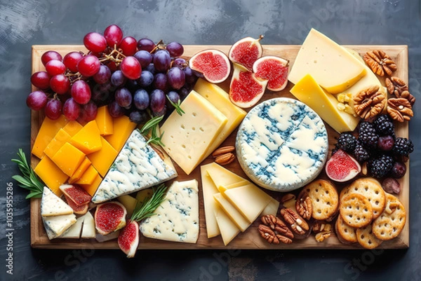 Fototapeta An elegant artisanal cheese board featuring a variety of cheeses, figs, grapes, and nuts. The vibrant arrangement offers a perfect blend of textures and colors for a gourmet experience. Generative AI