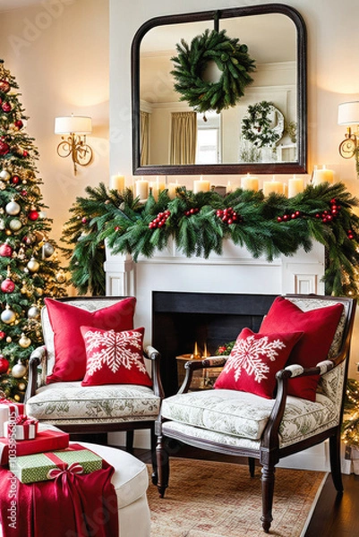 Fototapeta A cozy and festive Christmas scene featuring a warm living room with a decorated fireplace, Christmas tree, and red accents. The classic holiday decorations exude warmth and cheer. Generative AI