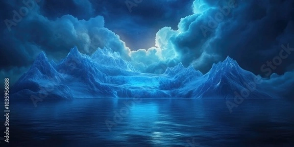 Fototapeta Glacier cascading over majestic mountains under a radiant cloudy sky, showcasing natural beauty in a serene coastal park