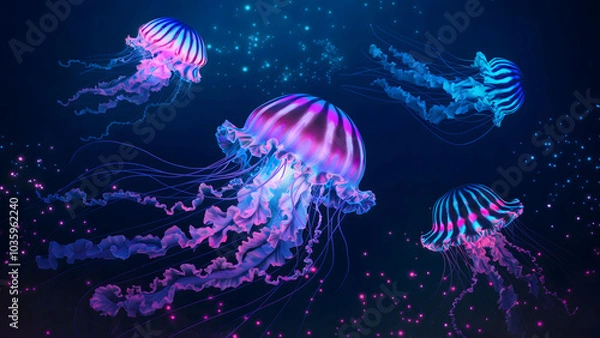 Fototapeta Group of Vibrant, Glowing Jellyfish Floating Gracefully in Dark, Bioluminescent Ocean Depths