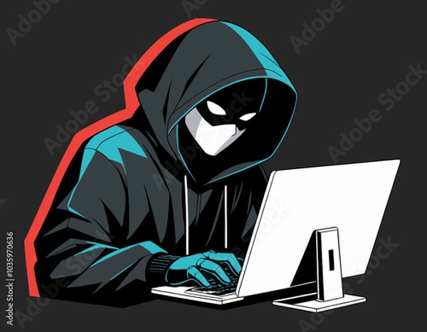 Fototapeta hacker with laptop computer isolated on white background