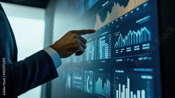 Obraz Hands of a business professional presenting a financial report pointing at charts and graphs on a large screen, highlighting key data points in a conference room setting. Height Resolution Photo, ,