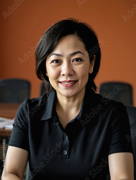 Fototapeta woman in her 50s or 60s, person of color, smart casual attire polo shirt, content writer, minimal background, natural sunlight