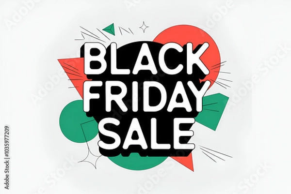 Fototapeta Description:** Bold text advertising a Black Friday sale with colorful geometric shapes in the background, highlighting discounts and special offers.